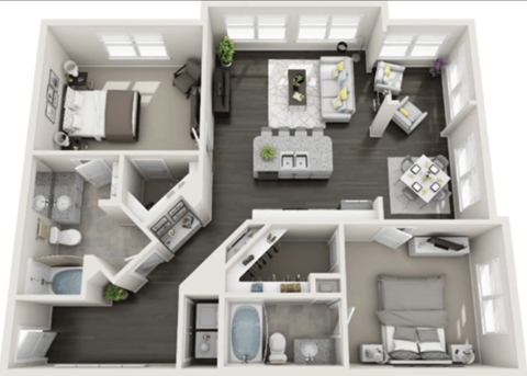 A 3D floor plan of a house with multiple rooms and furniture.